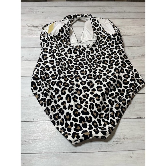 MICHAEL Kors Plus Size Shirred Cross Front One Piece Swimsuit Leopard 18W - Picture 6 of 11